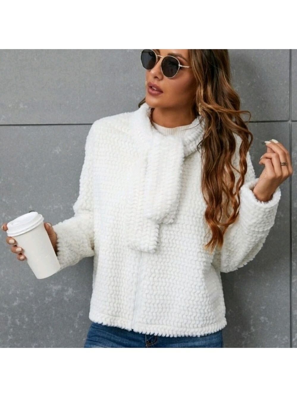 SHEIN Solid Zip Up Teddy Jacket Ladies Furry White Casual Fuzzy Small